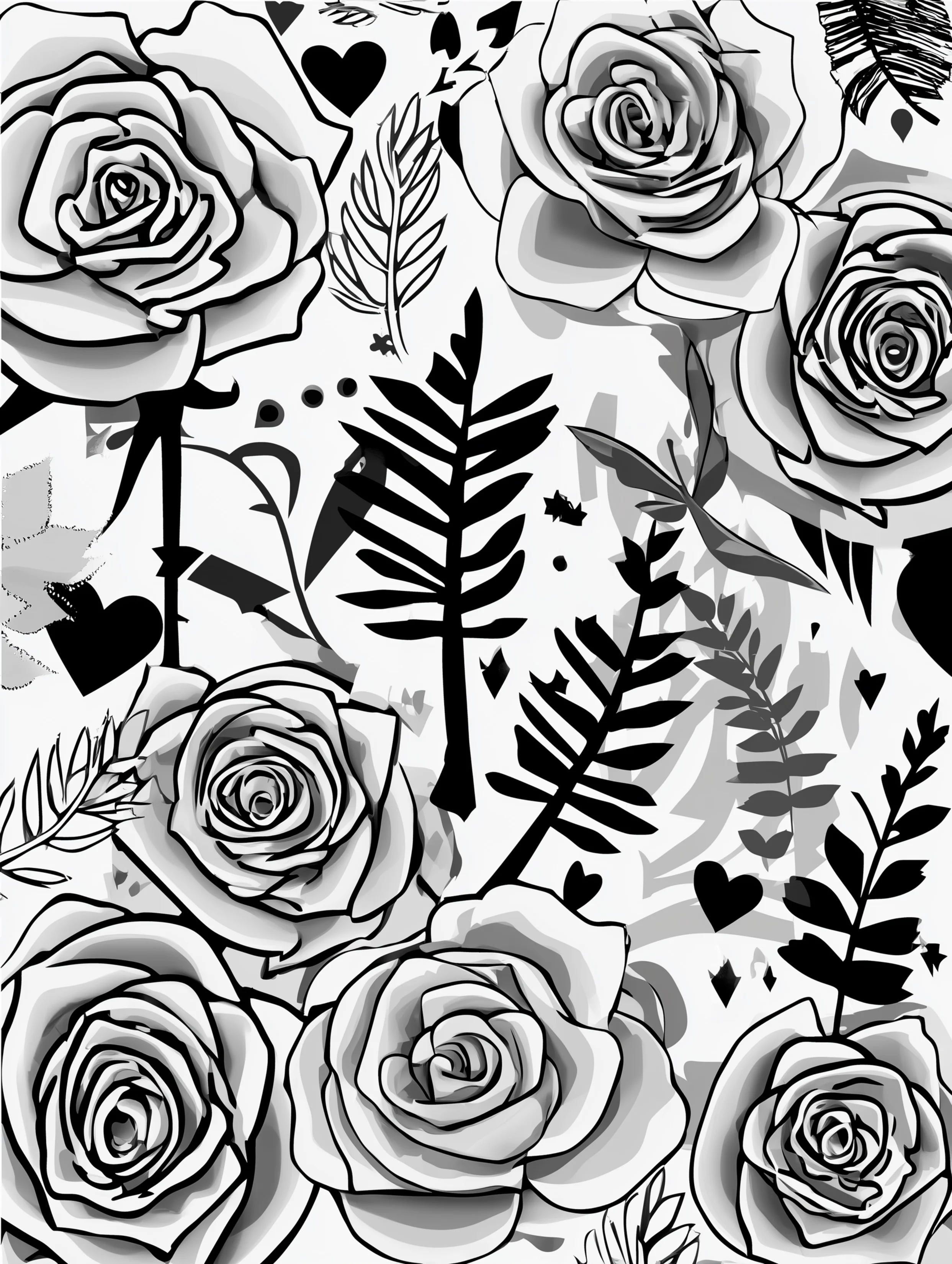 Free printable rose coloring page for adults featuring separate ferns with roses